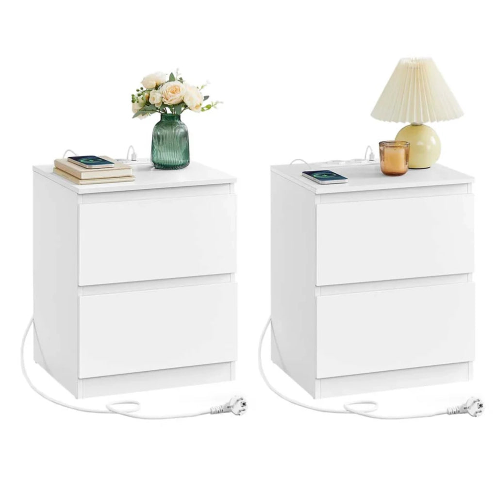 Comodino con multipresa tavolino con 2 cassetti 2 prese CA 2 porte USB-A per soggiorno camera da letto ufficio moderno bianco 12_0007607