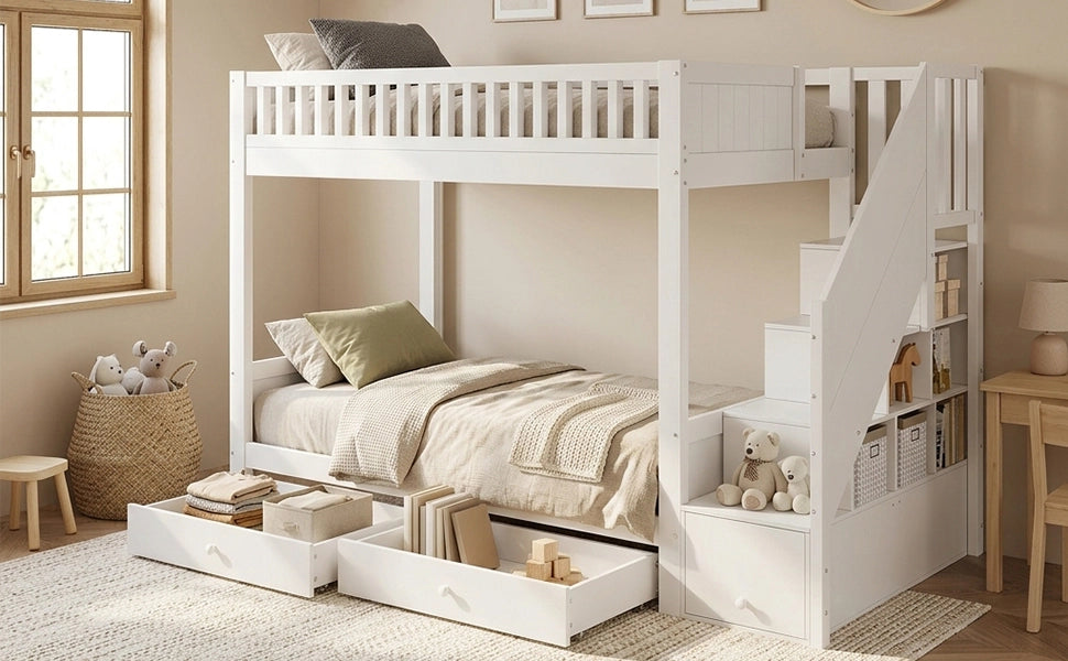 Letto a castello per bambini 90 × 200 cm con scala contenitore e 2 cassetti, senza materasso, in legno, bianco