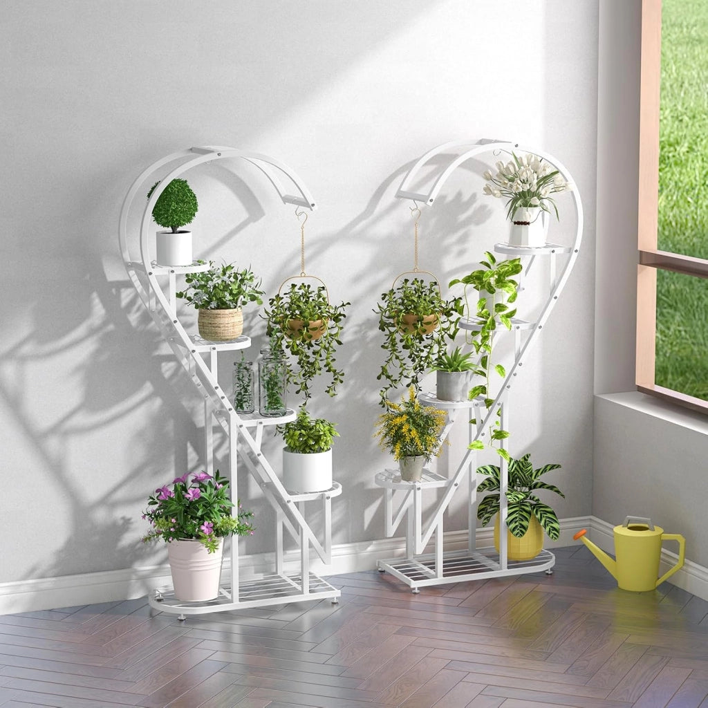 Scaffale per Piante in Metallo a 5 Livelli, Porta Piante a Forma di Cuore con Gancio, Scaffale per Fiori per Soggiorno, Camera da Letto e Balcone (Bianco)