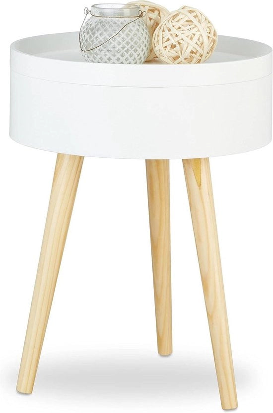 Tavolo da caffè rotondo scandinavo con piatto da portata e cassettino - H x Ø 50 x 38 cm - bianco