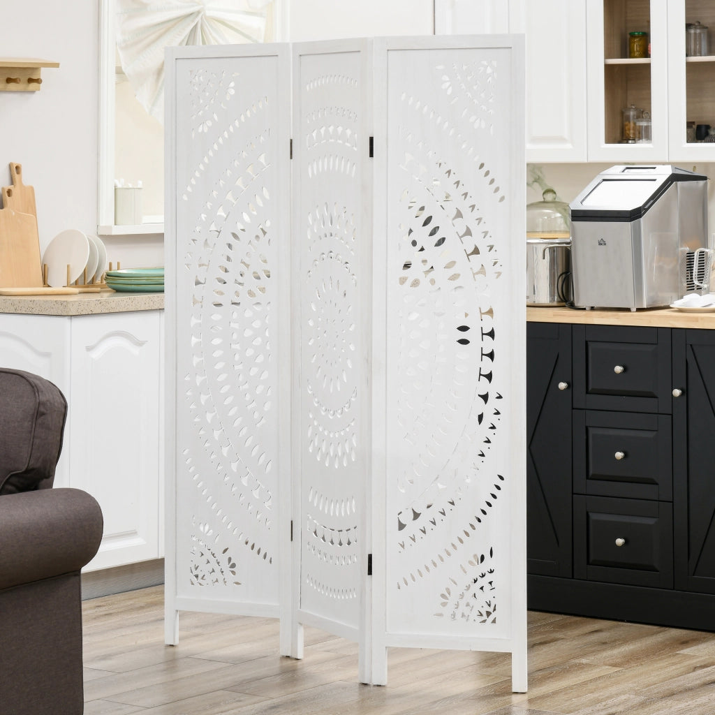 Separ¨¦ Paravento da Interni Pieghevole a 3 Pannelli in Legno Intagliato, 120x170cm, Bianco