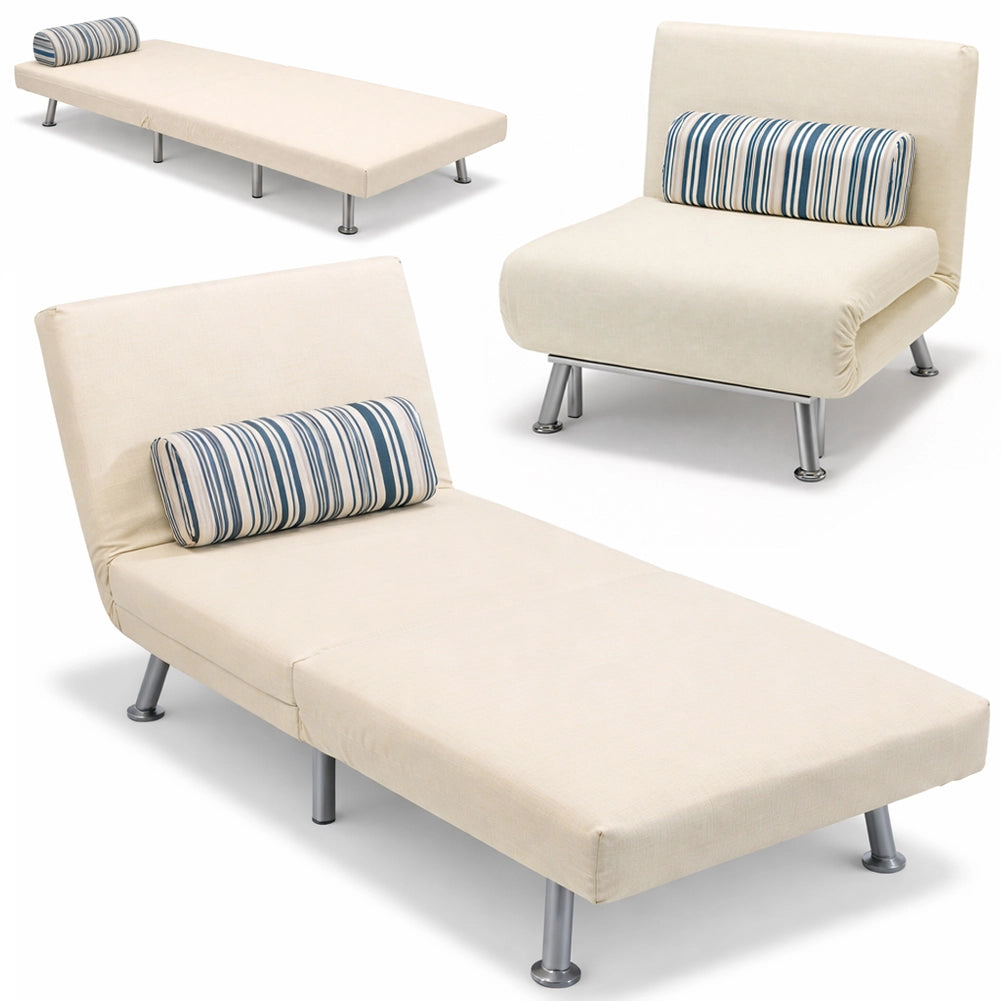 Poltrona Letto 1 Posto Schienale Reclinabile in Metallo e Tessuto 75x73x73 Salvaspazio Crema