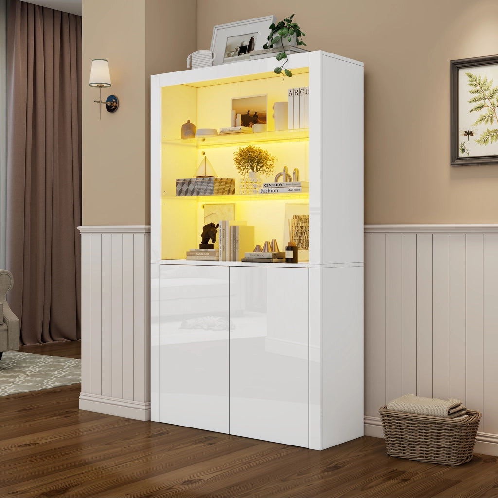 Vetrina con LED e ripiano in vetro temperato, 2 ante e vano contenitore, per soggiorno, bianco, 100 × 35 × 170 cm