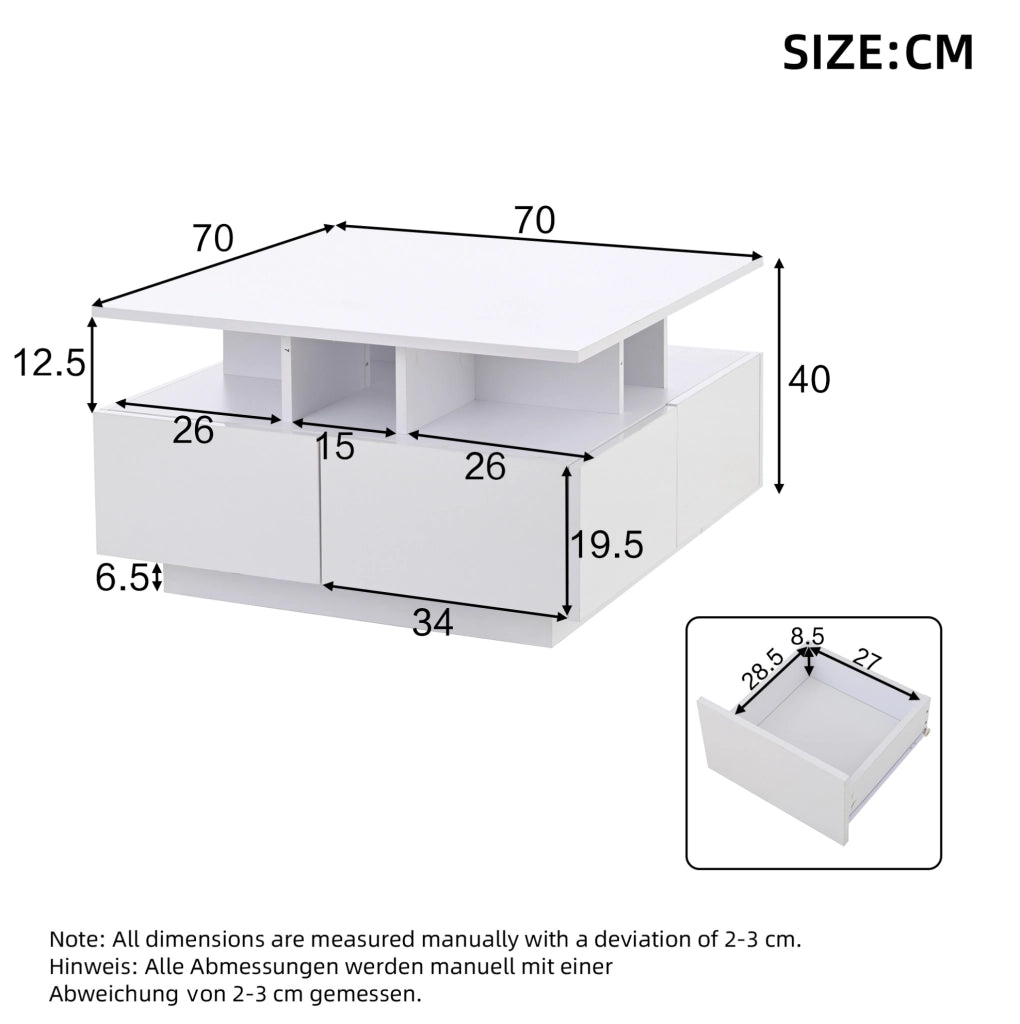 Tavolino da caff猫 70x70x40 cm; 4 cassetti con LED controllato da app; pannello truciolare bianco