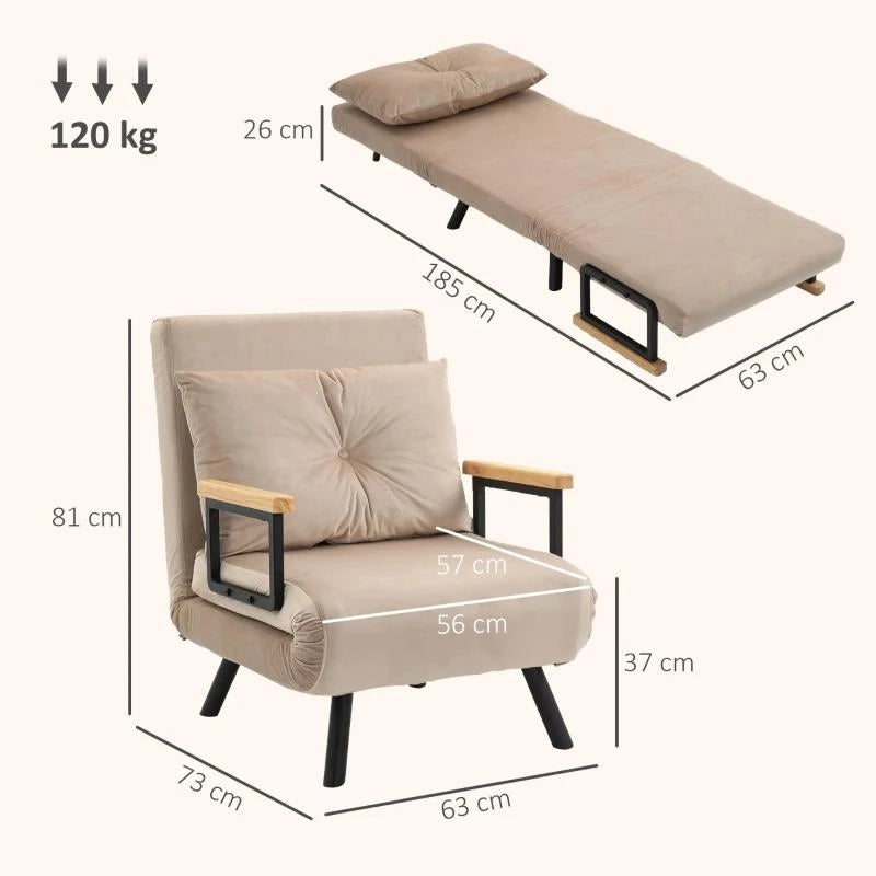 POLTRONA LETTO 3 IN 1 CON SCHIENALE RECLINABILE E CUSCINO, IN TESSUTO EFFETTO VELLUTO, 63X73X81 CM, BEIGE