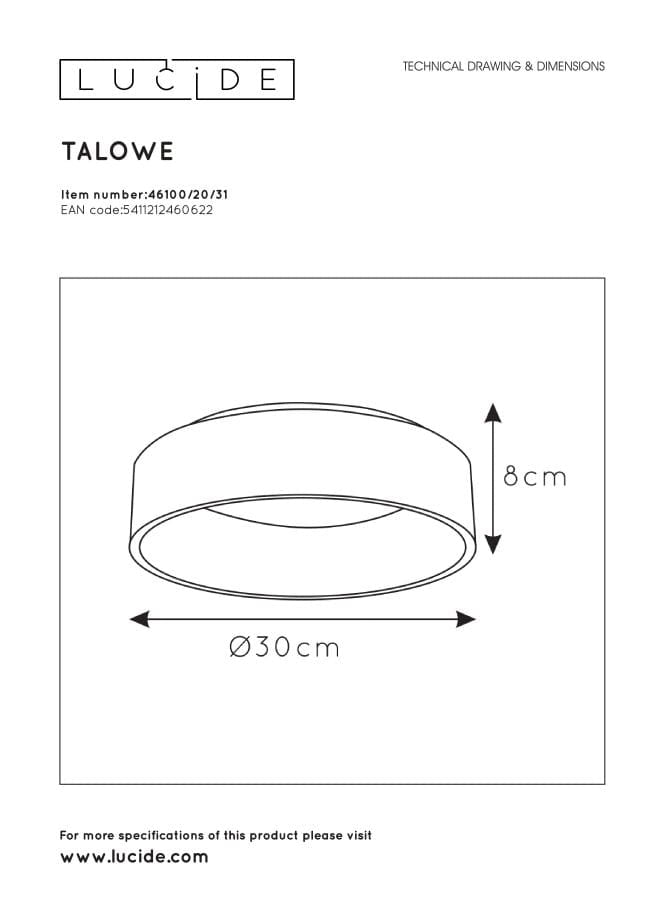 Plafoniera Lucide Talowe LED 20W 3000K dimmerabile bianca