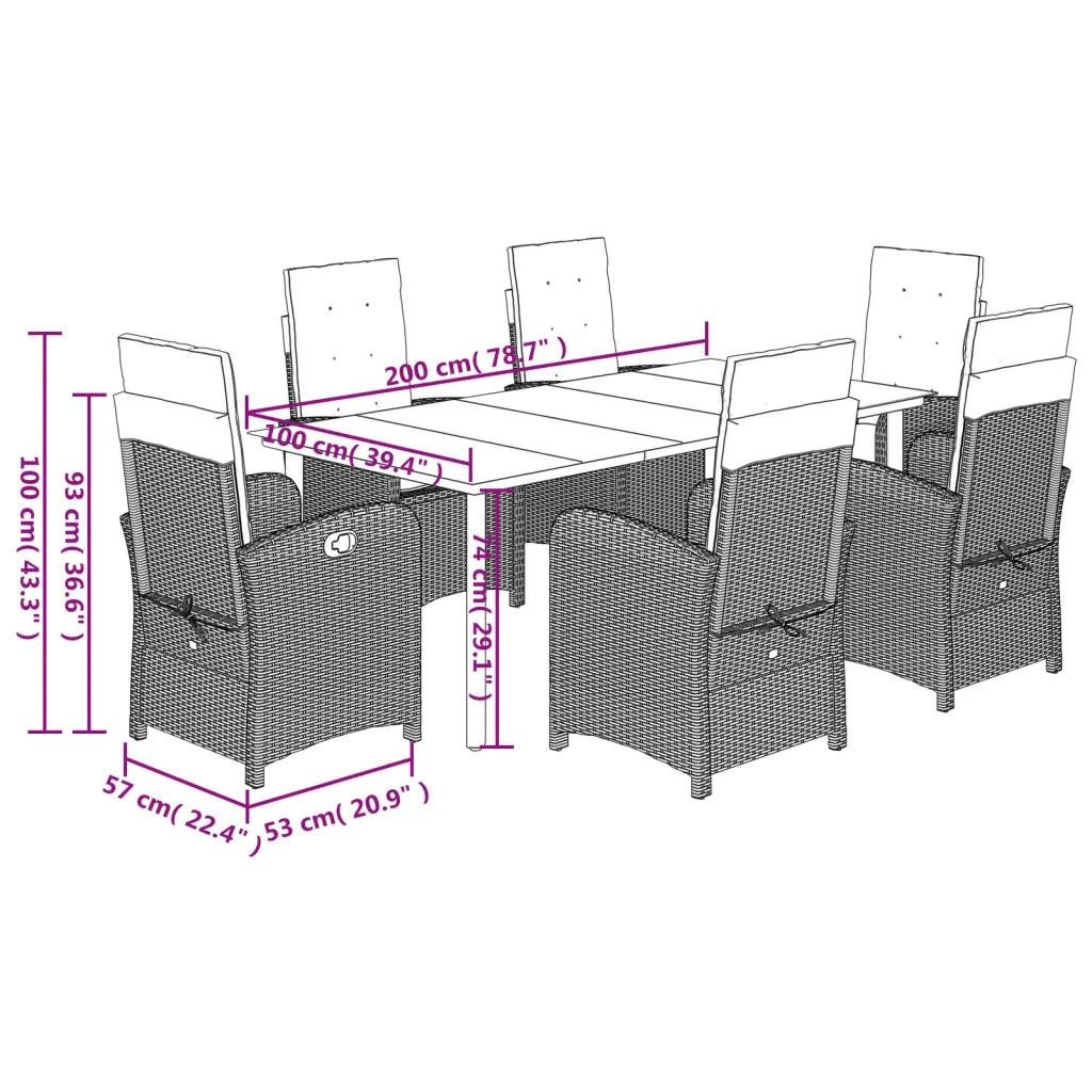 Set da Pranzo da Giardino 7 pz Cuscini Polyrattan Grigio Chiaro