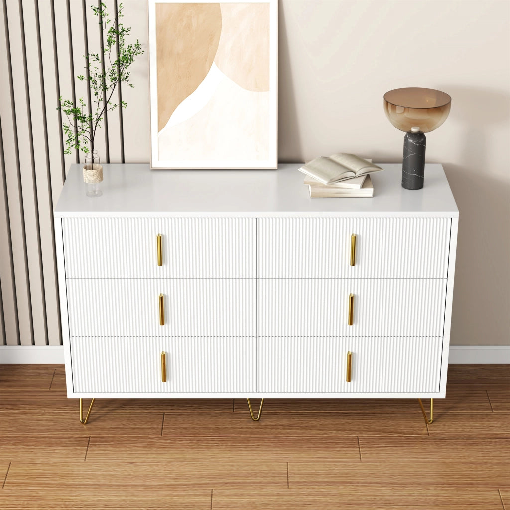 Credenza moderna con 6 cassetti, finitura bianca e dorata, 120 x 77 x 40 cm