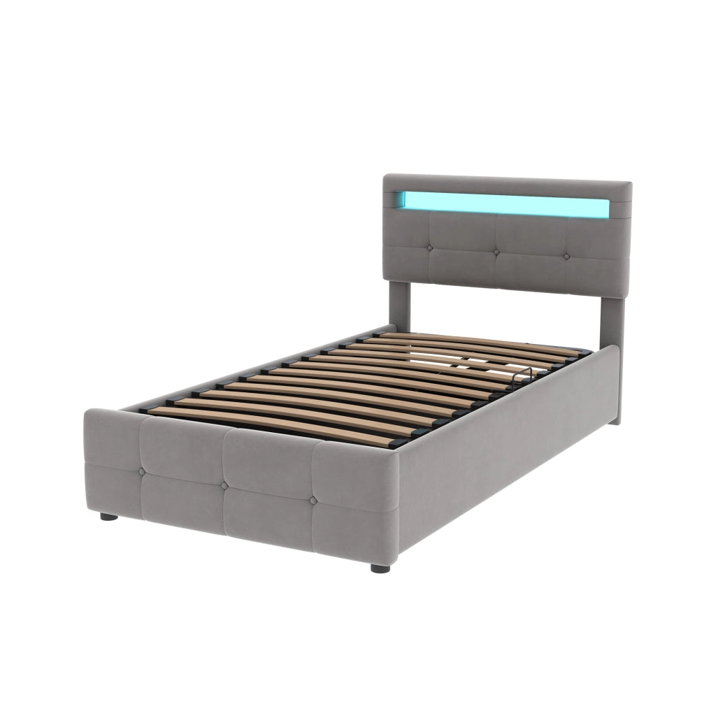 Letto bambino – 90x200 cm – LED contenitore idraulico testiera regolabile – velluto grigio