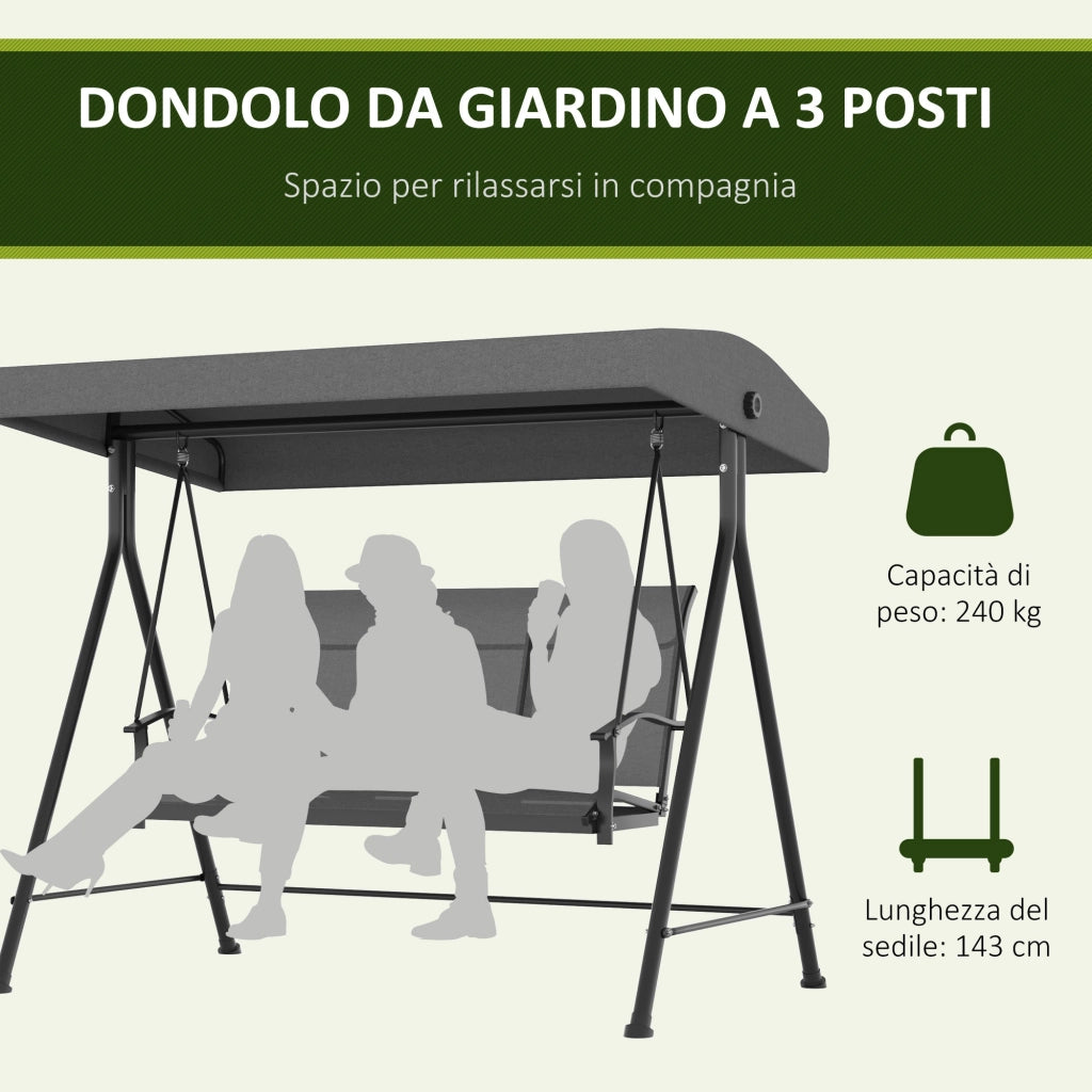 Dondolo da Giardino 3 Posti 195x118x170 cm con Tettuccio Parasole Regolabile Grigio Scuro