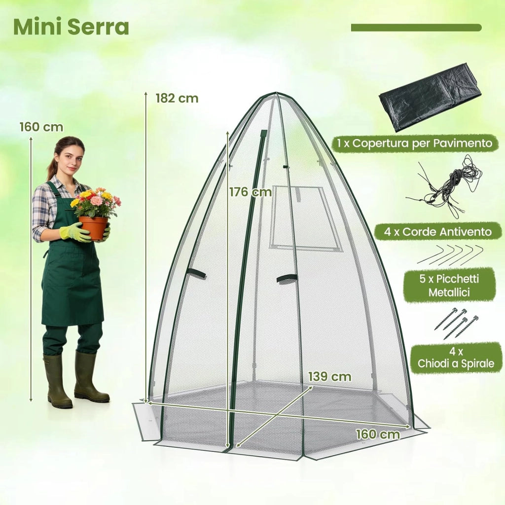 Mini Serra da Giardino 160 x 139 x 182 CM, Serra a Cupola Piccola da Esterno con Copertura in PE a Bolle Pesante, Porta con Cerniera, Finestra a Rete, Copertura del Pavimento