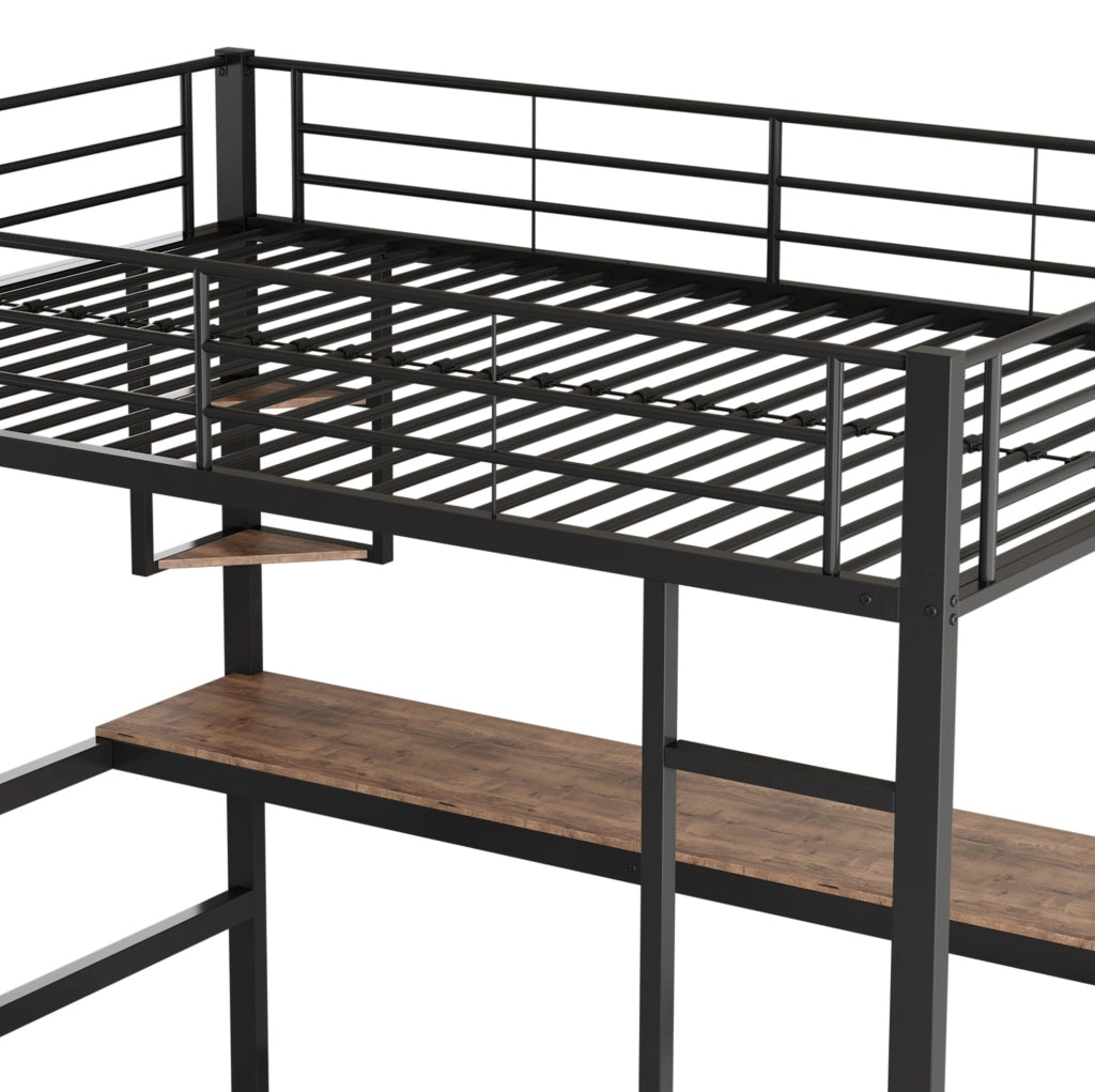 Letto a soppalco 90x200 cm con scrivania; libreria e ripiani; in metallo nero