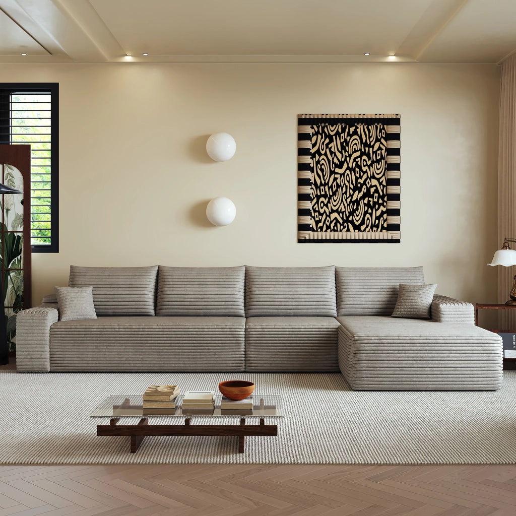 Divano angolare modulare senza montaggio con schiuma ad alta elasticità e tessuto a coste, camel 270 × 175 × 83 cm