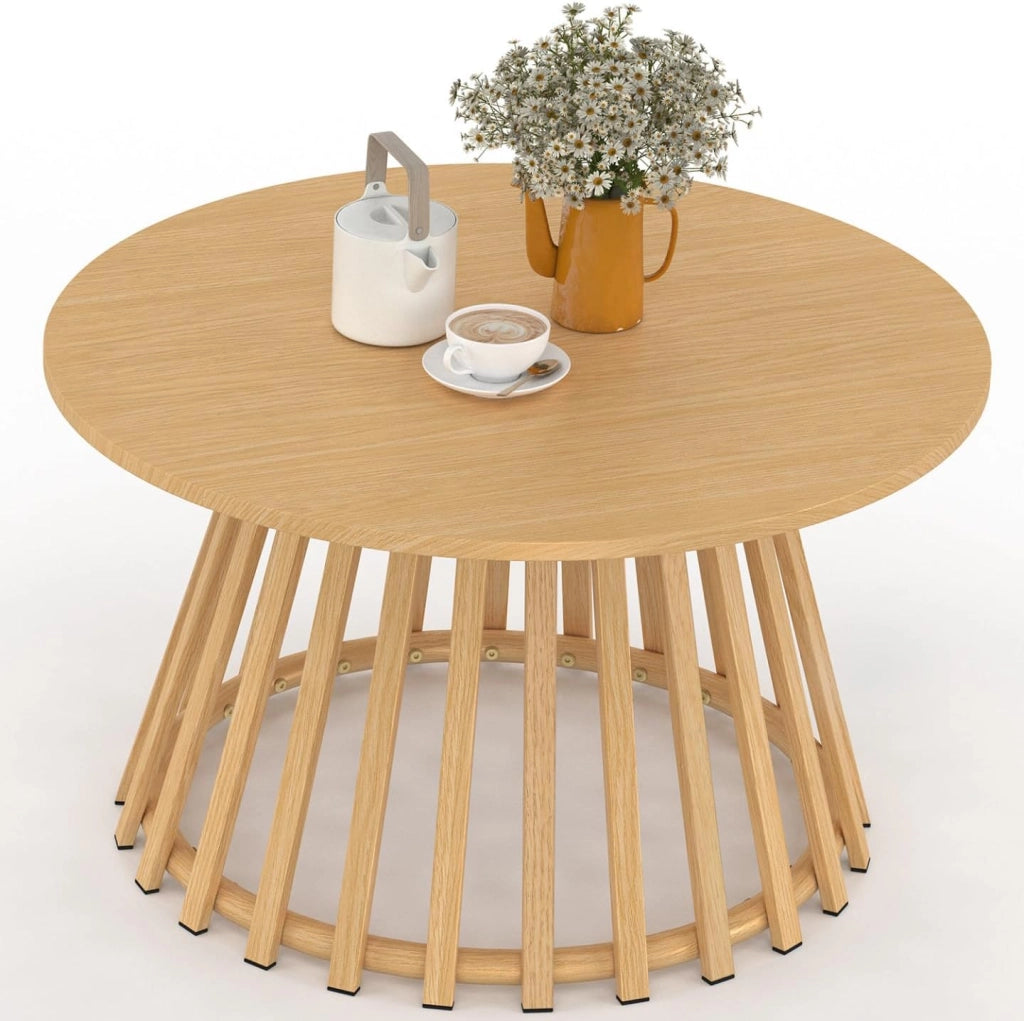 Tavolino da Giardino Rotondo SOLAL da 70 cm con Base a doghe in Metallo Effetto Legno