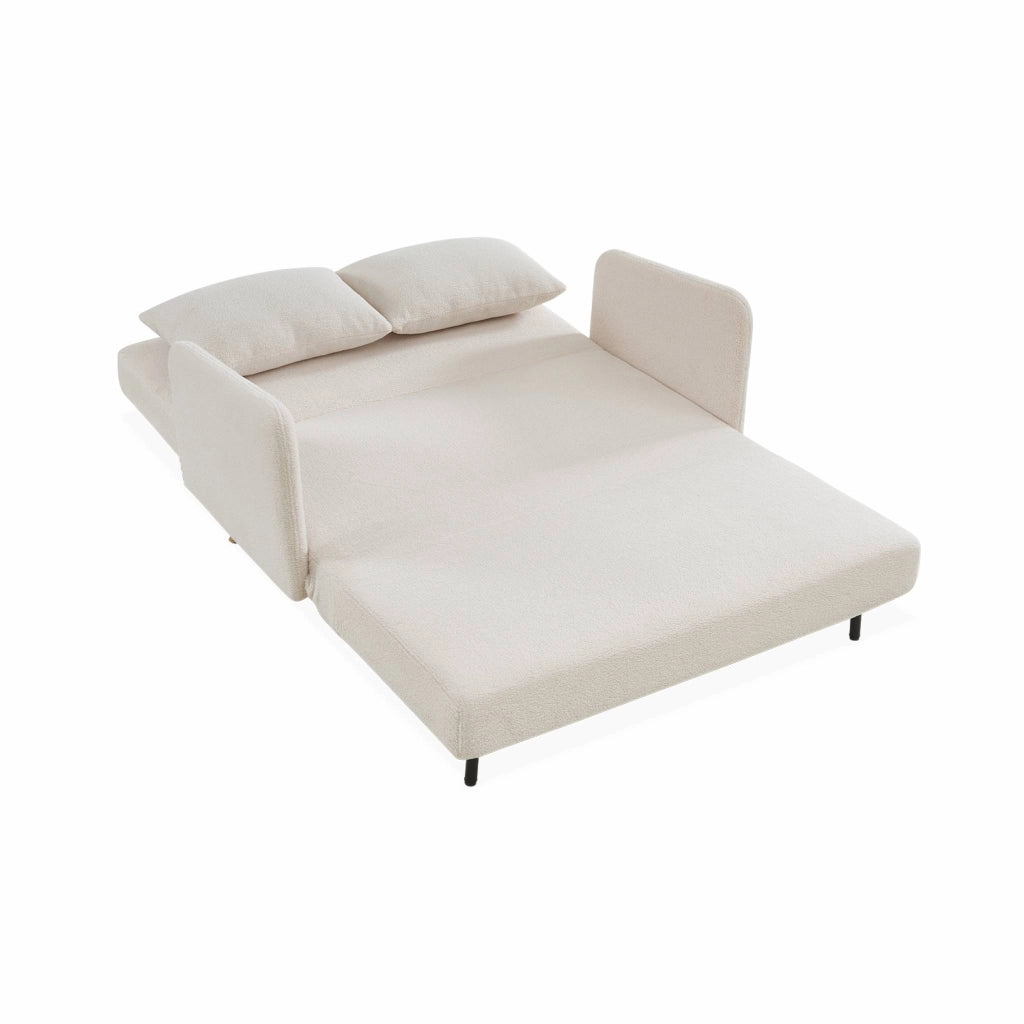 Divano letto in bouclé con gambe in legno, 2 posti, crema