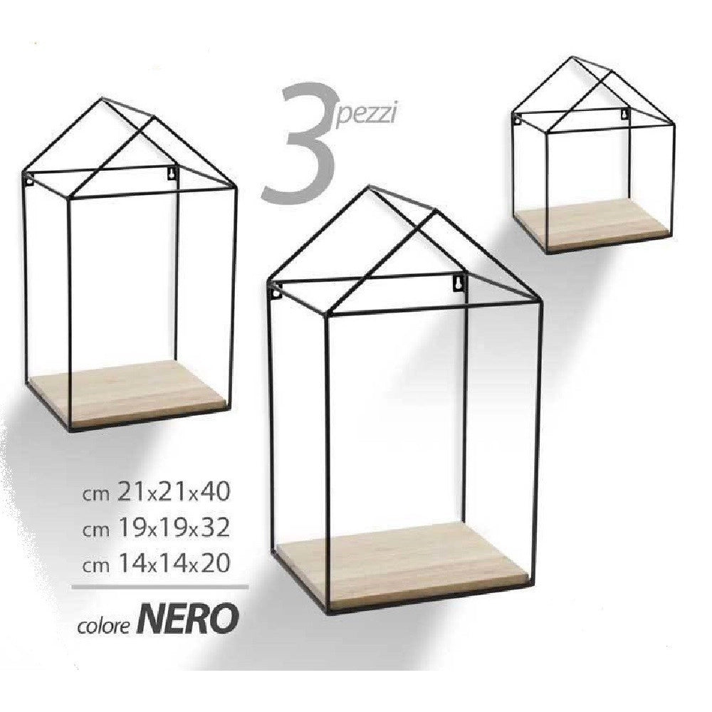 Trade Shop - 3pz Mensole Parete Casa Bacheca Mensola Legno Sospesa Metallo Nero H20/32/40cm 751653 -