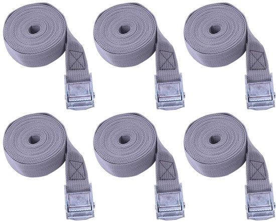 Pacchetto di 6 cinture di fissaggio con rasoio, cinture di fissaggio per portatori di bicicletta, cinture di rapida fissazione, cinture di fissaggio per bagagli, elastici, per campeggio, esterni e trasporto auto, ecc. (25 mm * 6 m, grigio beige)