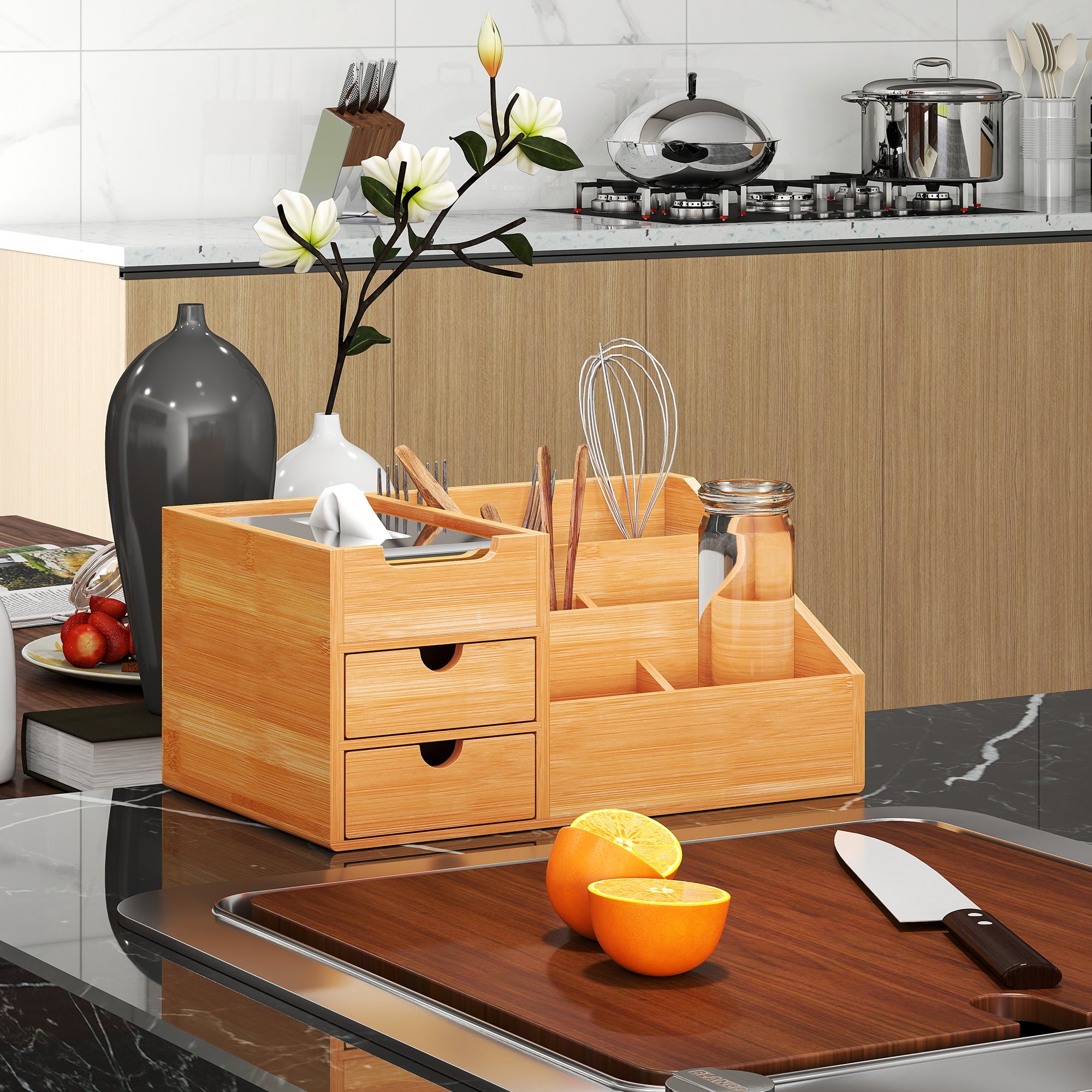 Organizer da Scrivania Bagno Cosmetici Makeup 33x20,5x15,5 cm con Cassetti e Scomparti Aperti in Bambù