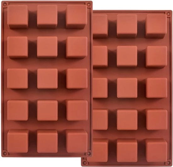 Vassoio di formatura a silicone - Forma per guscio quadrato 14 pollici 15 fori per cubetti di cioccolato, torte, blocchi di ghiaccio, praline e truffe 2 pezzi