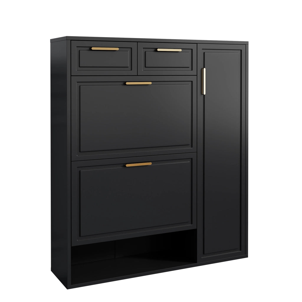 Scarpiera con ripiani regolabili, 2 cassetti e vani aperti, per ingresso, in truciolare e MDF, nero, 95 × 24 × 107 cm