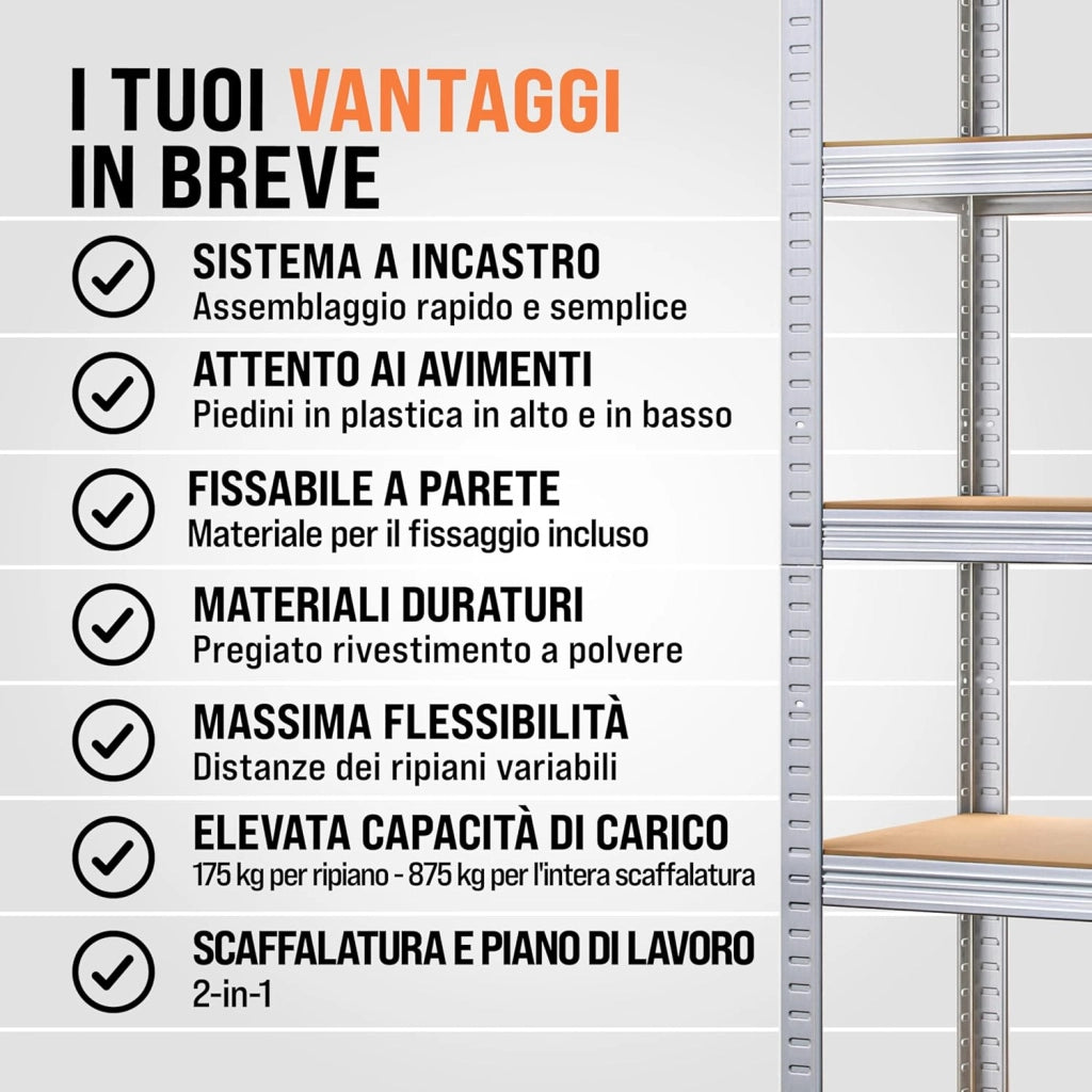 Scaffale ad alta portata 2pz in metallo capacità di carico totale 875kg 180x90x60cm 5 ripiani
