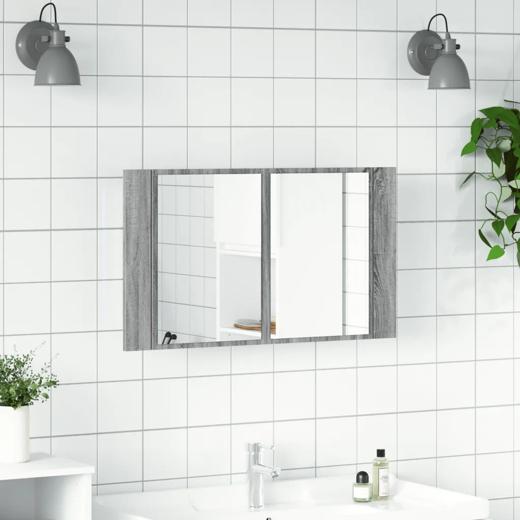 Armadietto a Specchio con LED Grigio Sonoma 80x12x45cm Acrilicocod mxl 111462