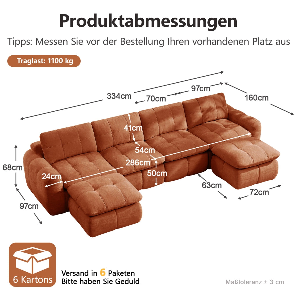 Divano modulare a u 4 posti con seduta profonda design trapuntato 2 pouf in chenille arancione 334 × 160 × 68 cm