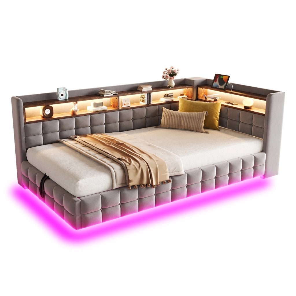 Letto contenitore singolo 90×200 cm con LED; USB e Type-C; ripiani e vano idraulico; senza materasso; grigio chiaro