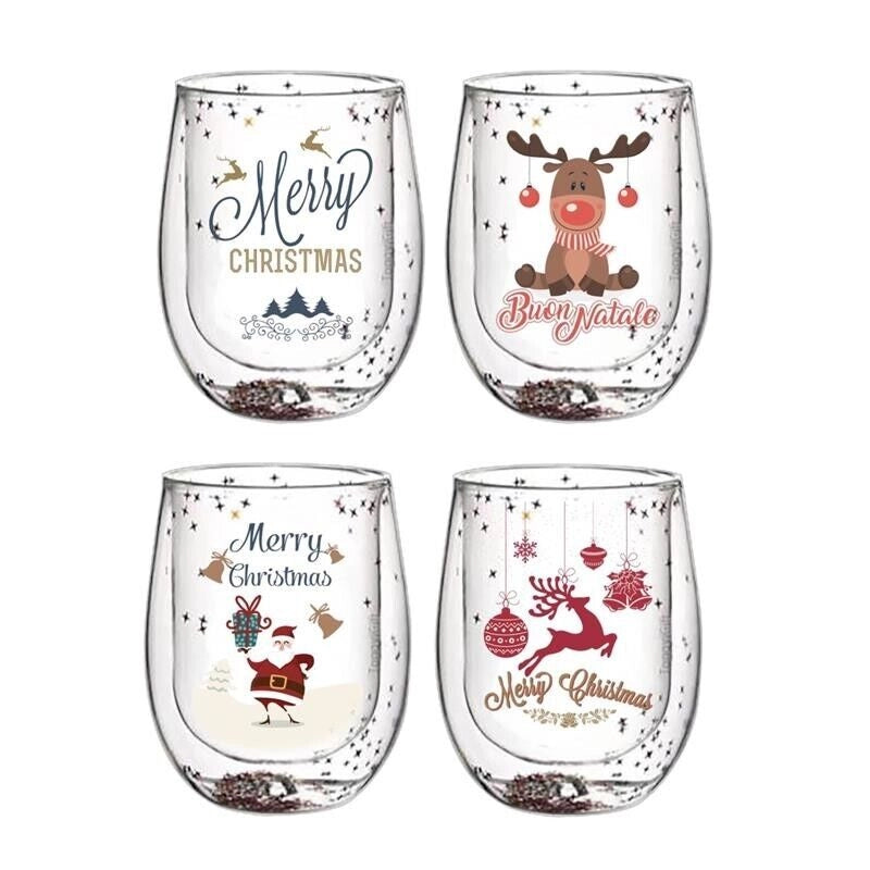 MAURY'S SET 4 BICCHIERI NATALE IN VETRO DOUBLE WALL IN DECORO ASSORTITO CAPIENZA 300 ML L'UNO