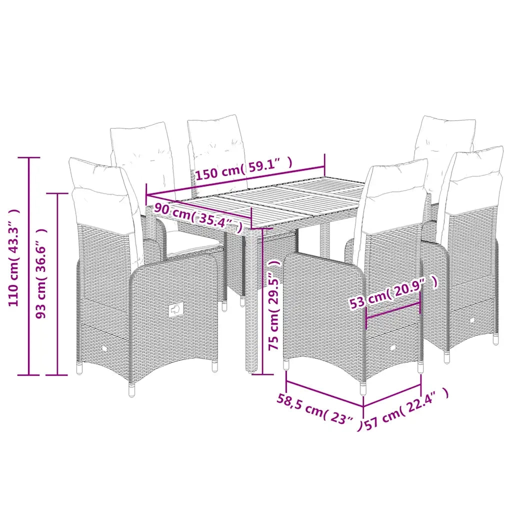 vidaXL Set da Bistrò da Giardino 7 pz con Cuscini Nero in Polyrattan