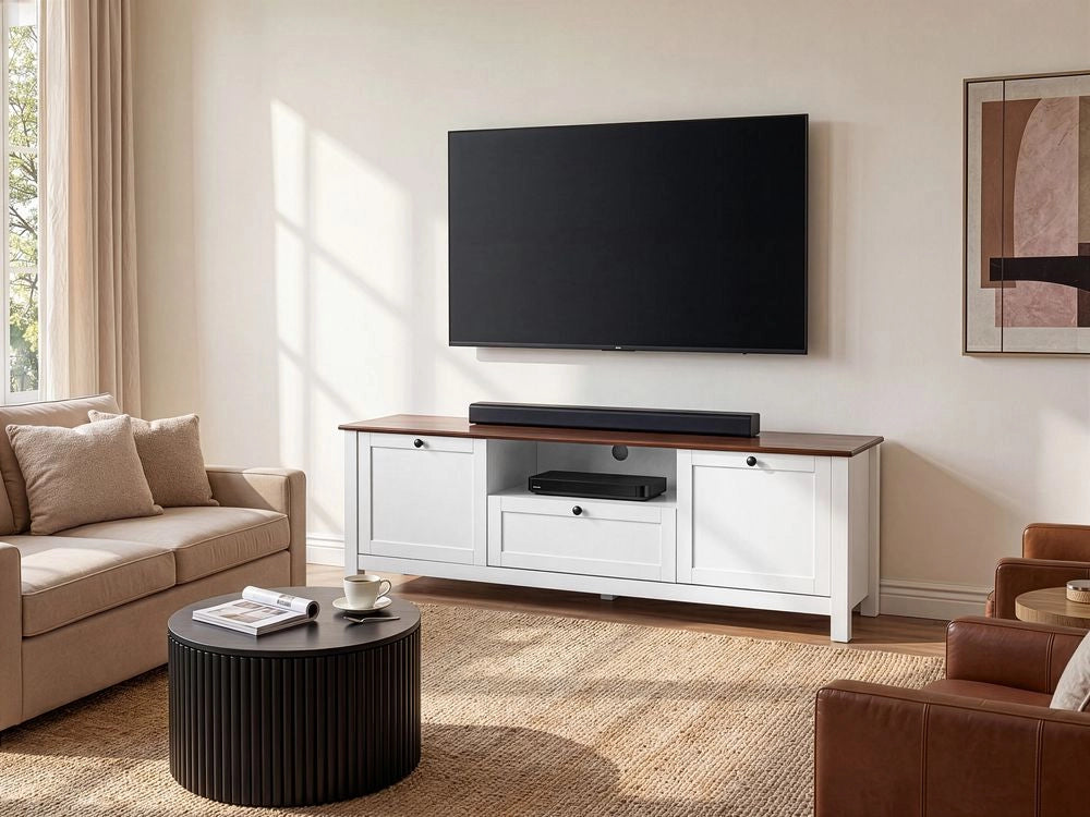 Mobile TV in MDF bianco con cassetto e 2 ante, stile rustico-country
