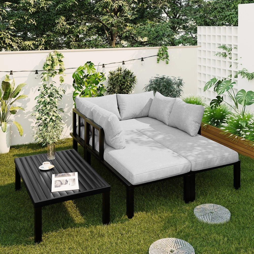 Set da giardino modulare - Zephmum- 6 posti, struttura in ferro zincato, tavolo, grigio