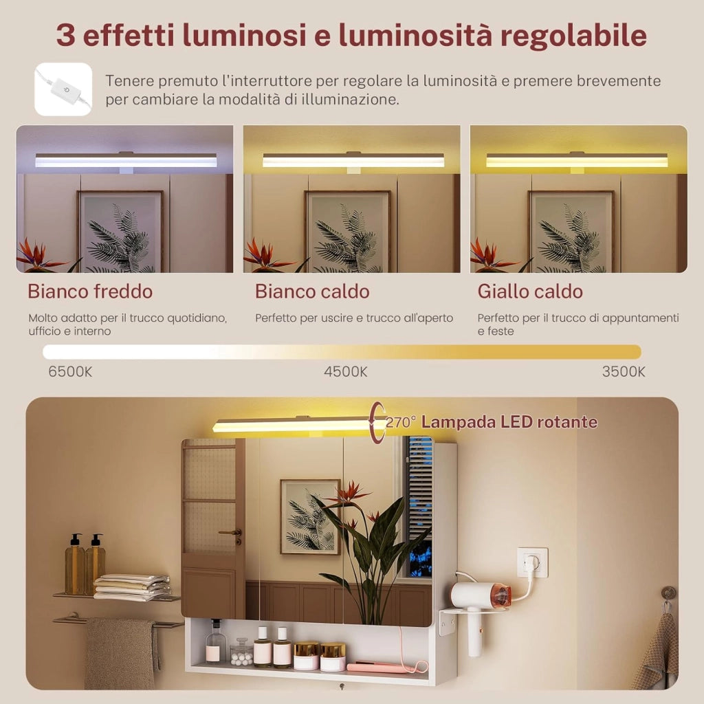 Specchio Bagno Contenitore con Luce LED e Presa Elettrica, Mobile Bagno a Specchio a 3 Ante con Gancio Asciugacapelli, 3 temperature di colore dimmerabili, Ripiani Regolabili, Bianc