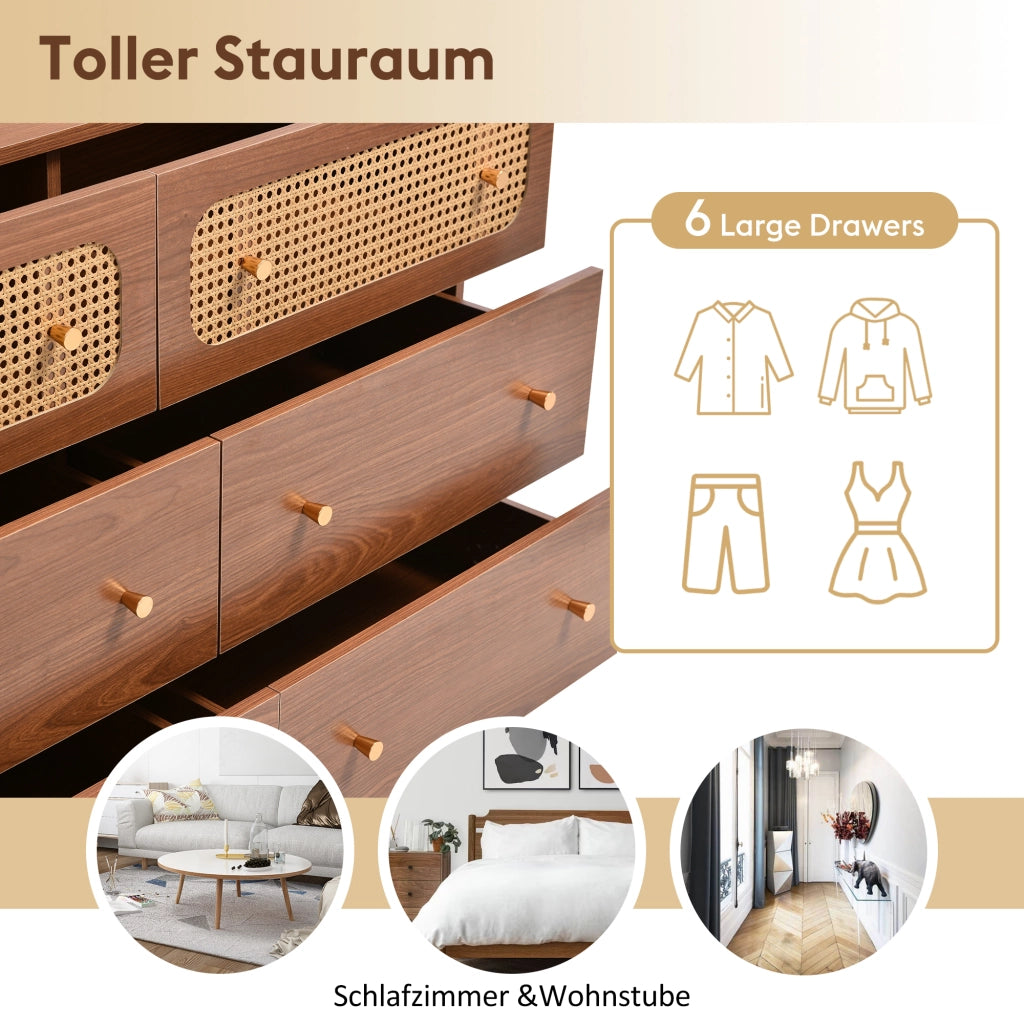 Comodino 6 cassetti con frontali in rattan e maniglie in metallo, per camera da letto, legno, noce, 90 × 120 × 40 cm