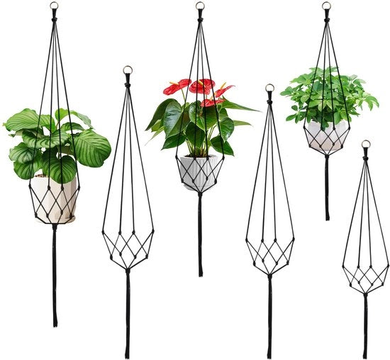 Confezione da 6 pendenti a macramé, neri, supporto per piante a macramé, pendente di corda di cotone (60/80/100 cm), pendente di corda di cotone per piante, hanger per piante boho per giardino, balcone (nero)