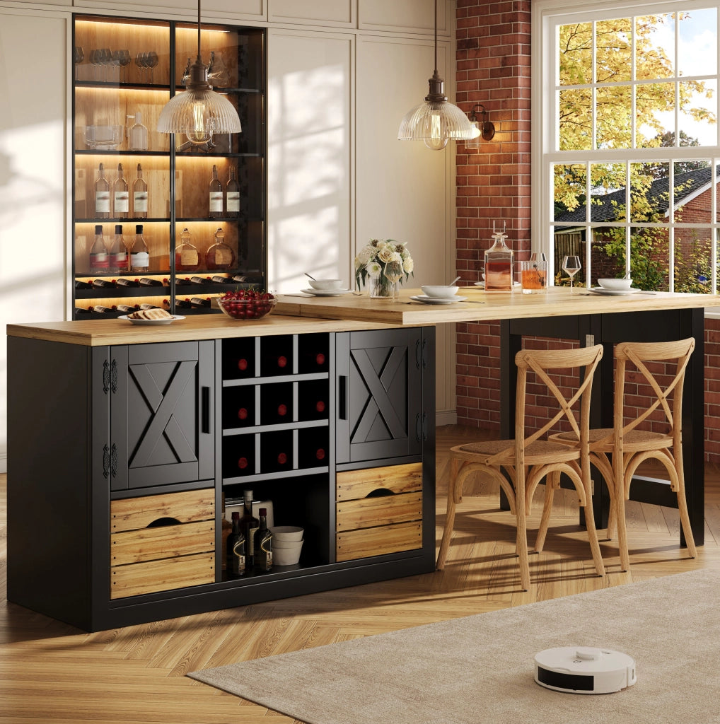 Tavolo da pranzo estensibile con sideboard girevole nero