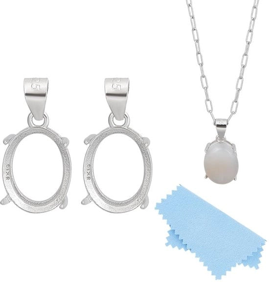 Hanger 2-Pezzi in Argento Sterling 925 - Cinturino Ovale con Impostazione - Piatto Piatto - Hanger con Gemme - Leggero - Incluso Asciugamano di Polimento - Collana di Gioiello