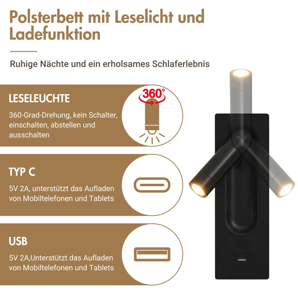 Letto matrimoniale 180x200 con contenitore, luce e USB-C