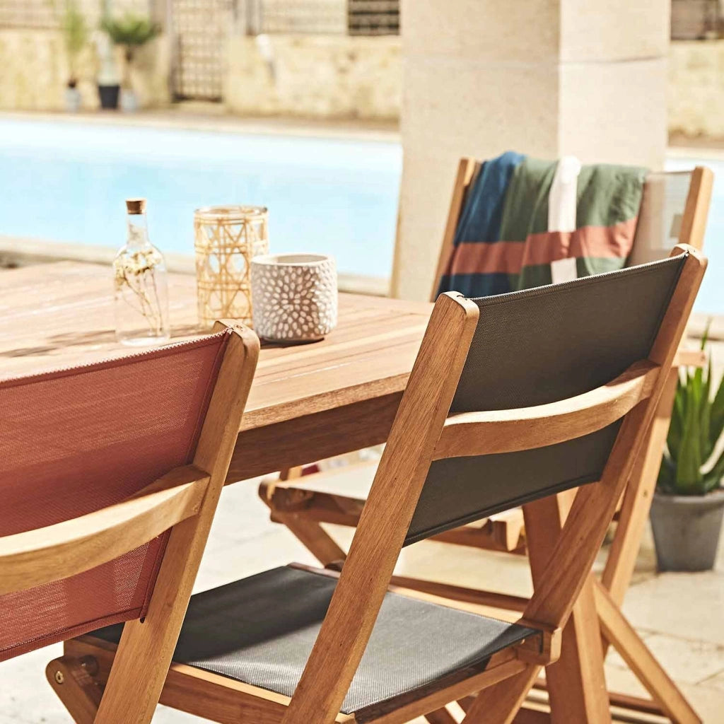 Set tavolo da giardino rettangolare allungabile in legno con 6 sedie,