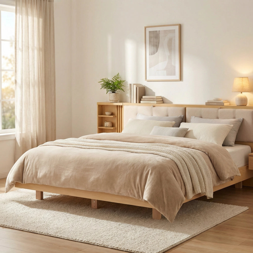 Letto contenitore sospeso 180 × 200 cm con testiera con ripiani e cassetti, prese USB e luce, senza materasso, rovere naturale