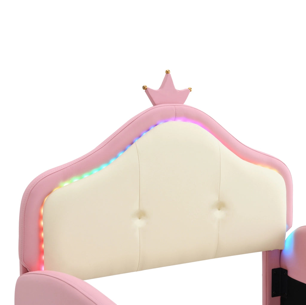 Letto imbottito per bambini ULEVR 90x200 cm con LED multicolore, scivolo e scaletta, PU rosa e beige
