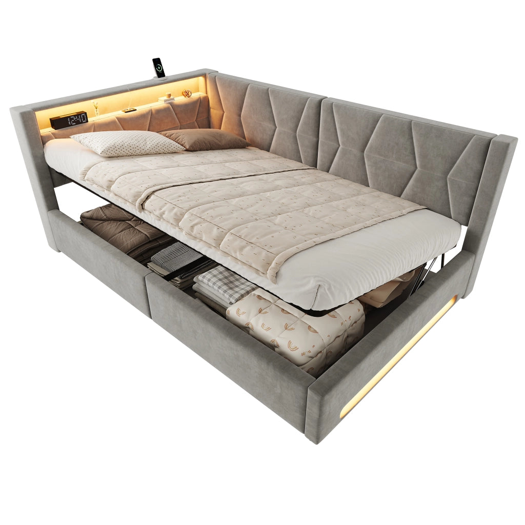 LETTO imbottito 140x200 cm con contenitore, velluto grigio scuro, LED, USB e Type-C