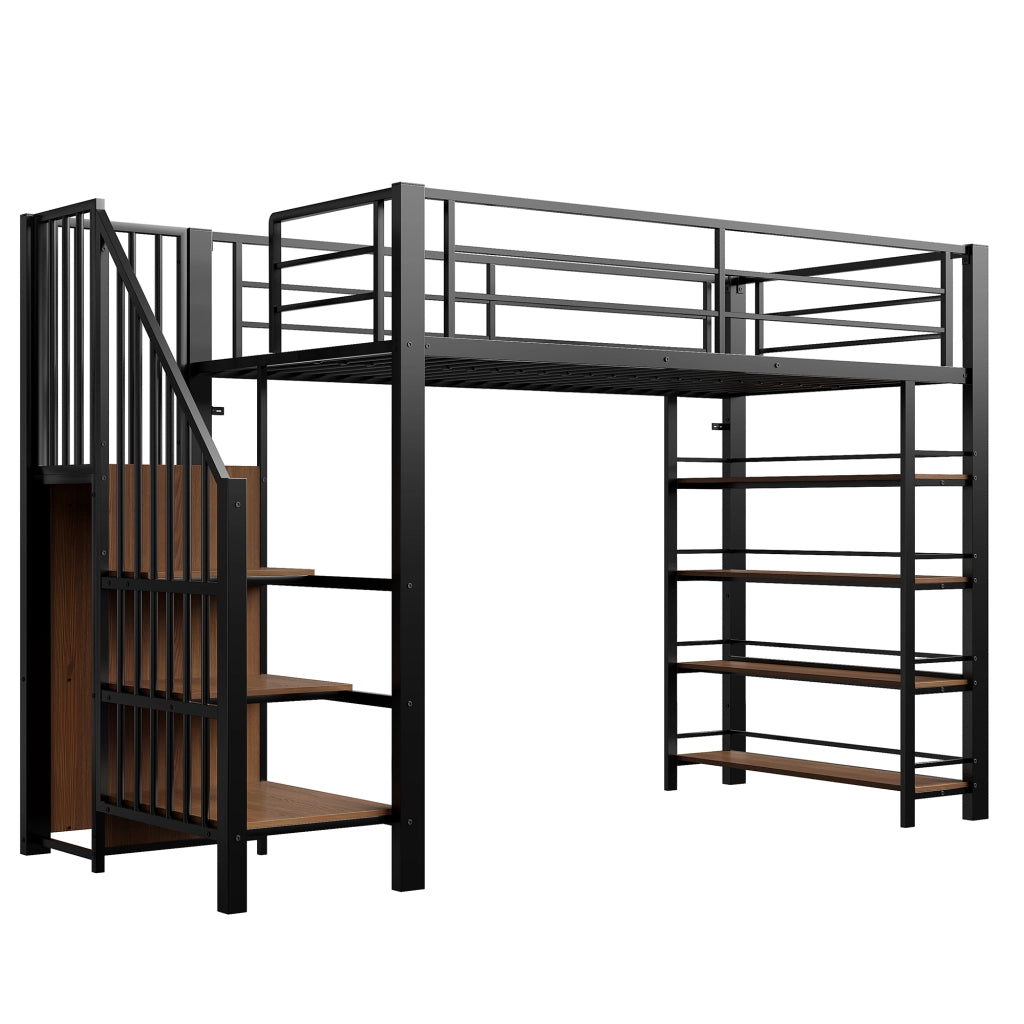 OKWISH Letto a Soppalco 90×200 cm, Letto Singolo con Scala Contenitore, Armadio e Mensole, senza Materasso, in Metallo, Nero
