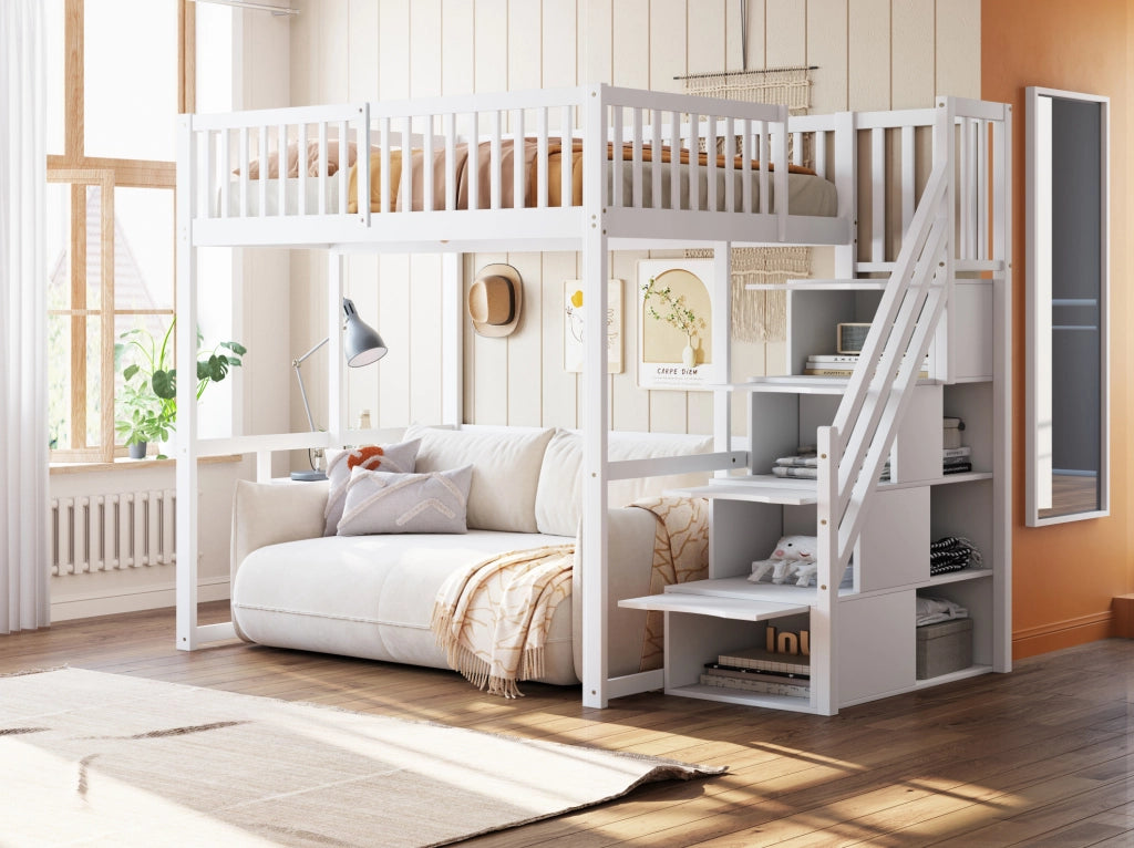 Letto a soppalco 140x200 cm con scala contenitore e sbarre di sicurezza in legno bianco