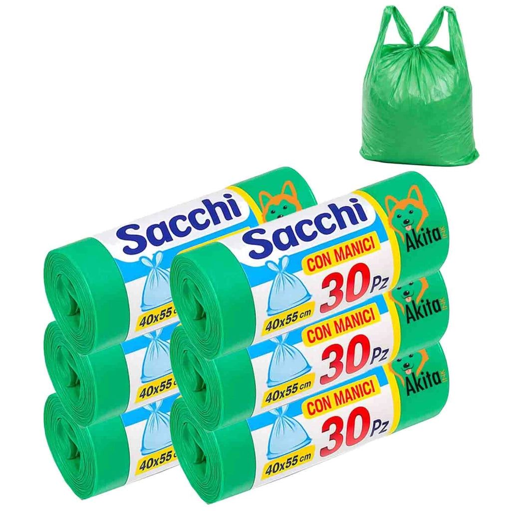 Akitaink Sacchi Spazzatura 40x55 cm Verdi 180 Pz con Manici