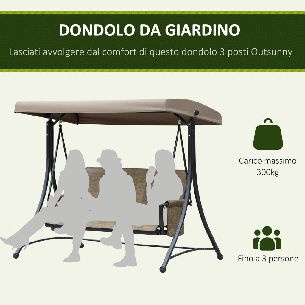 Dondolo da Giardino 3 Posti con Tettuccio Regolabile ¨C zephmum ¨C Marrone 196x128x172cm