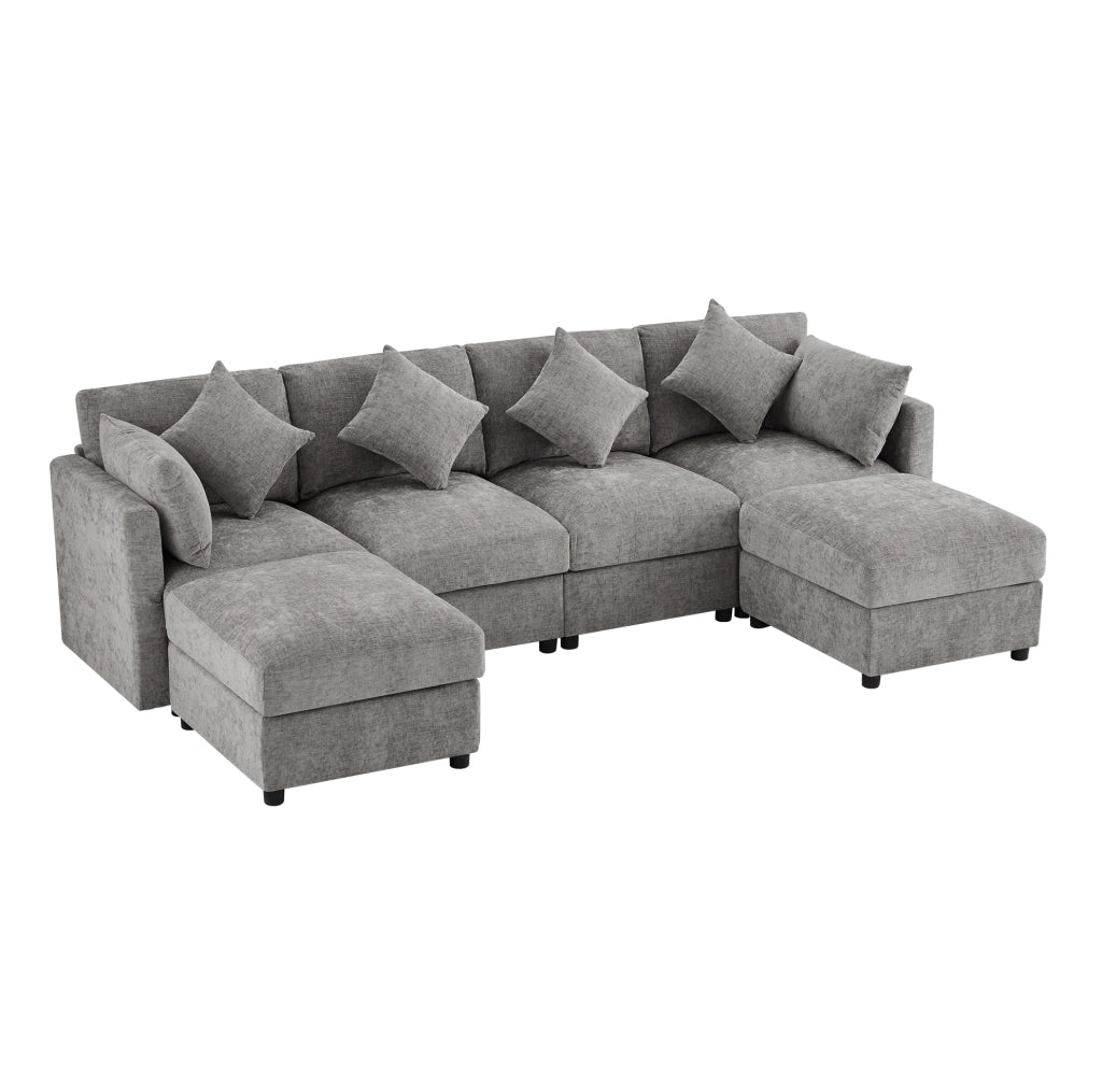 Divano modulare angolare 284x156;5x86 cm in chenille grigio con 2 pouf e 6 cuscini