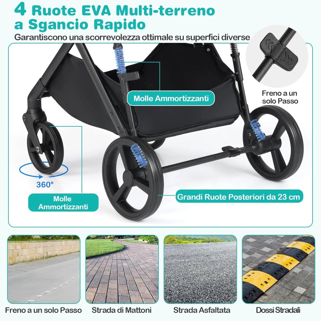 2 in 1 Passeggino Leggero Pieghevole per Bambini, con Schienale Regolabile, Sedile Reversibile, Tettuccio, Cestello Portaoeggetti, per Neonati per 0-36 Mesi (Nero)