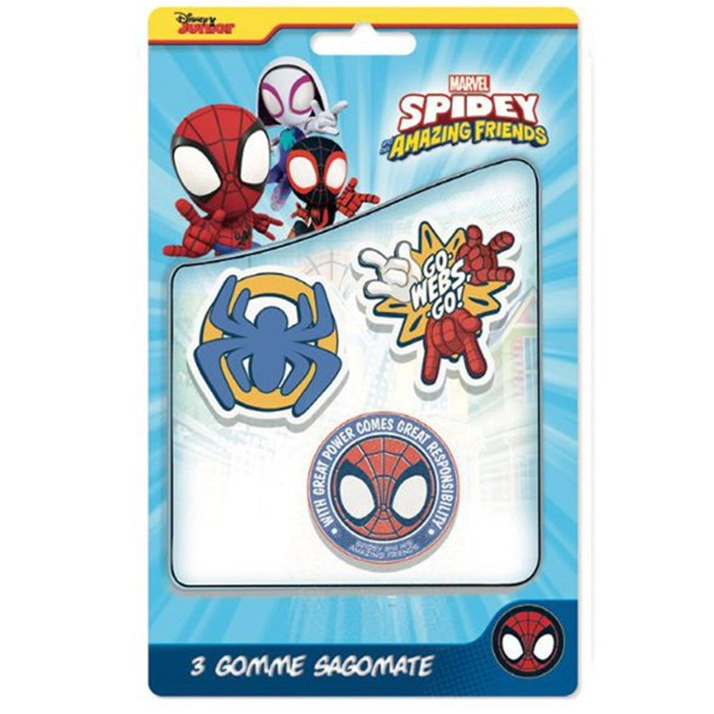 Trade Shop - Kit Gomme Per Cancellare 3pz Sagomate Tema Spidey Cancelleria Per Bambini Scuola 961143 -