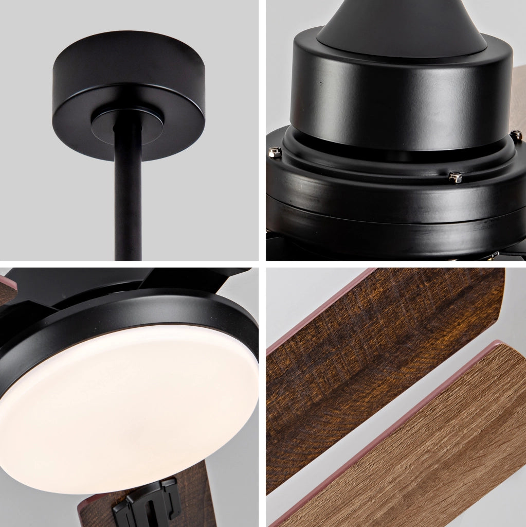 Ventilatore da soffitto da 52 pollici con luce LED dimmerabile; nero e noce scuro; metallo e legno